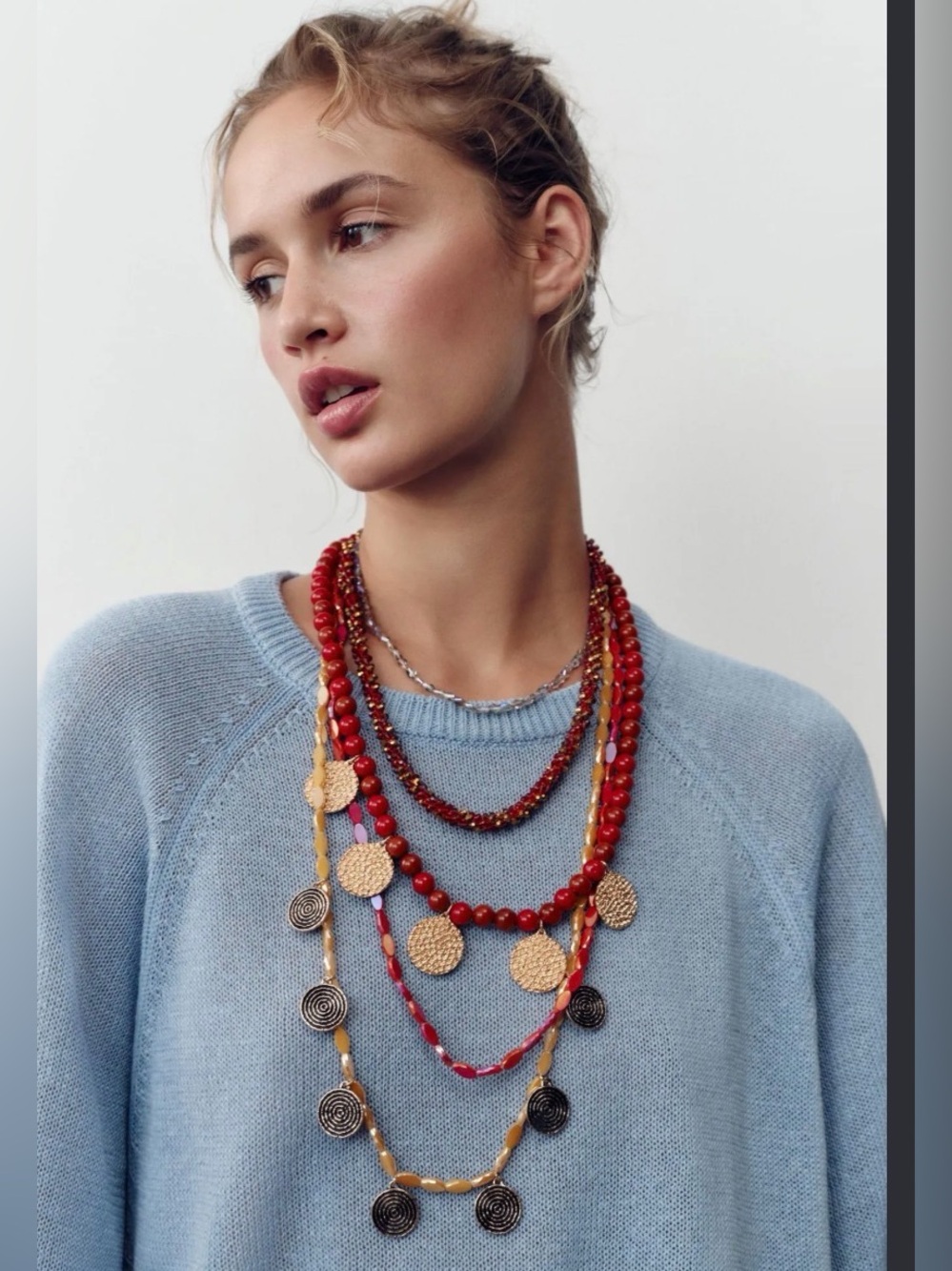 🔥🔥Zara Layered Red Beaded Multi-Strand Necklace with Gold Accents